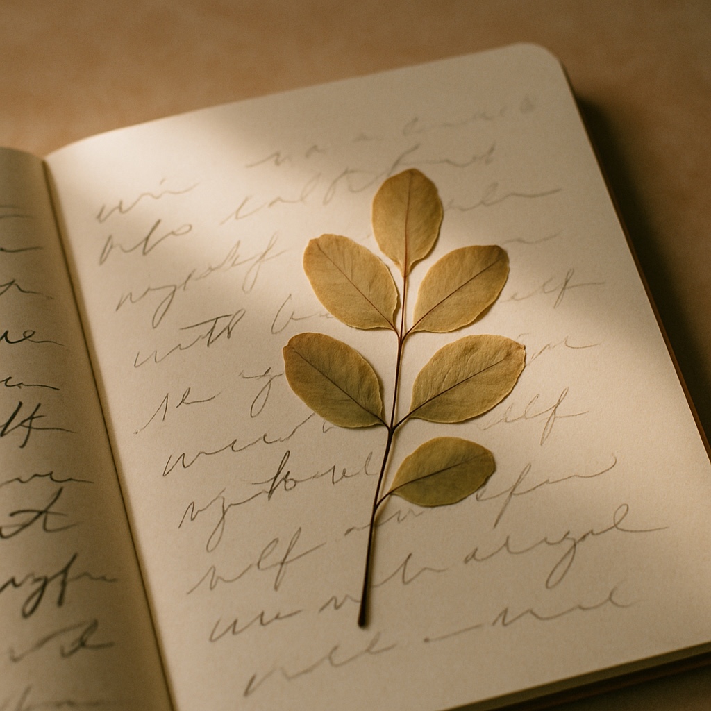 An open journal page with loose ink marks and a pressed leaf, light breaking across it