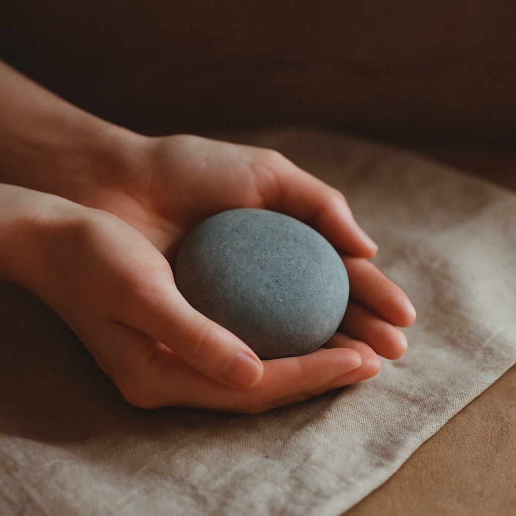 Bare hands cupped around a smooth river stone on linen