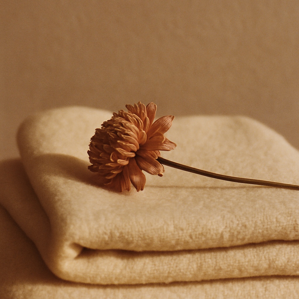 A single dried bloom resting on a folded wool blanket in deep quiet shadow