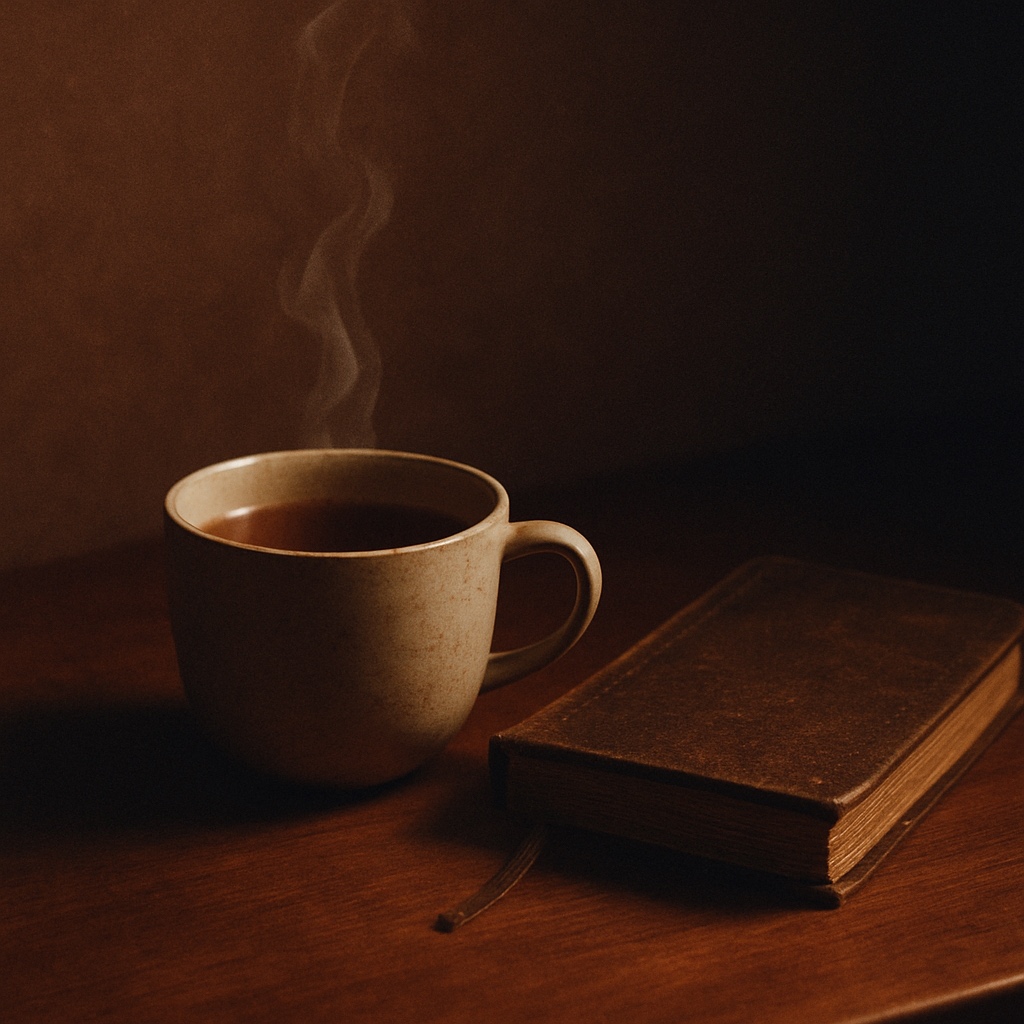 A still cup of tea beside a closed journal in low light