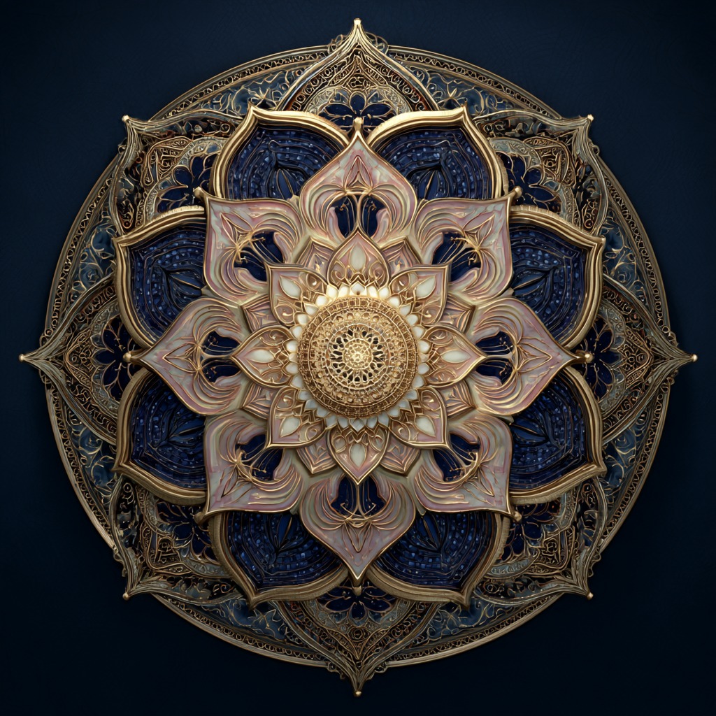 The Feminine Arising sigil — a gold and rose mandala on deep navy.